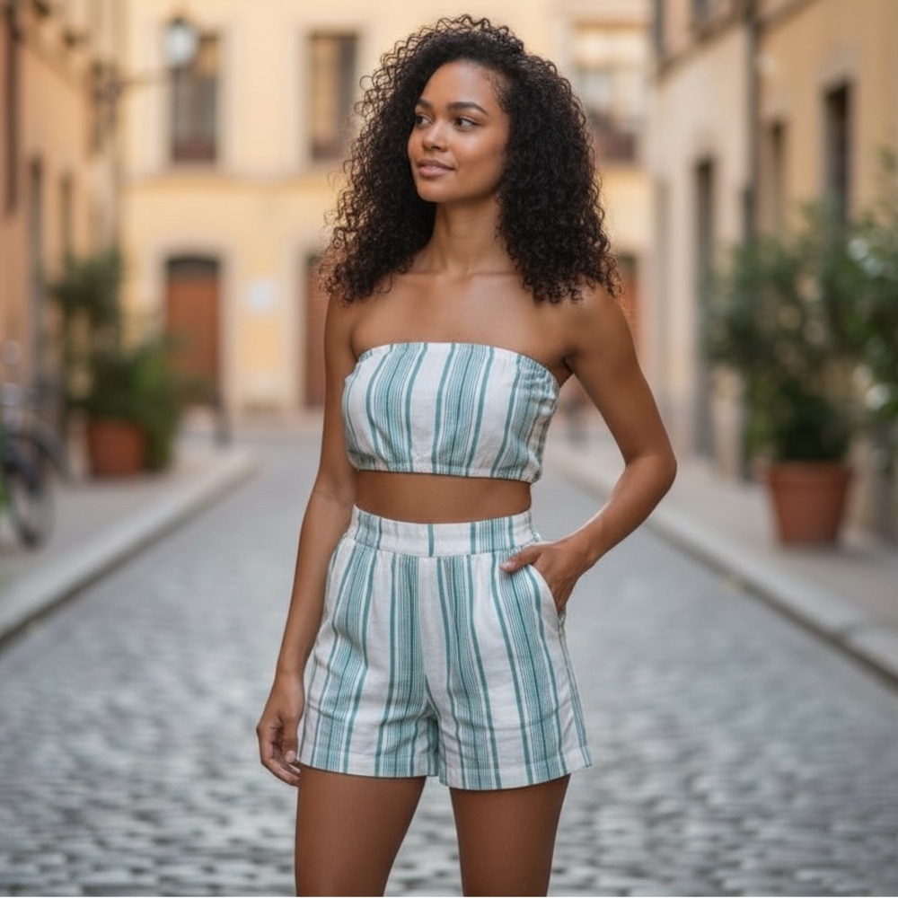 NWT REVOLVE SUPERDOWN Striped Short Set Teal White S
